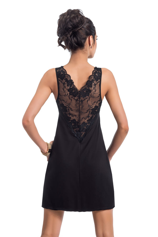 Cămașă de noapte, viscoză, dantelă florală, negru - KRISTINA