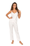 Pijama damă satinatã cu pantaloni lungi și dantelă – TIFFANI ecru