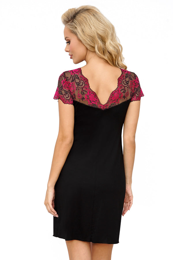 Cămașă de noapte, viscoză, dantelă fucsia, negru - CANDY