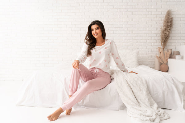 Pijama damă, bumbac, inimioare roz, ecru - SWEET