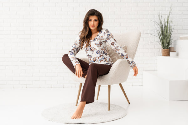 Pijama damă din viscoză, cu pantaloni lungi, cu imprimeu floral, model NAOMI
