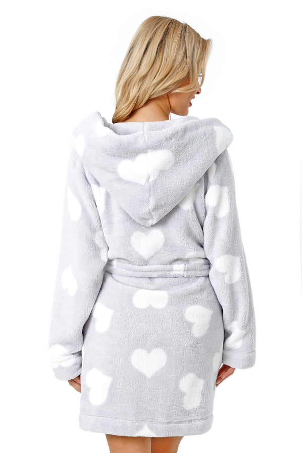 Halat damă gros, soft fleece, cu glugă și imprimeu inimi - HEARTS 102