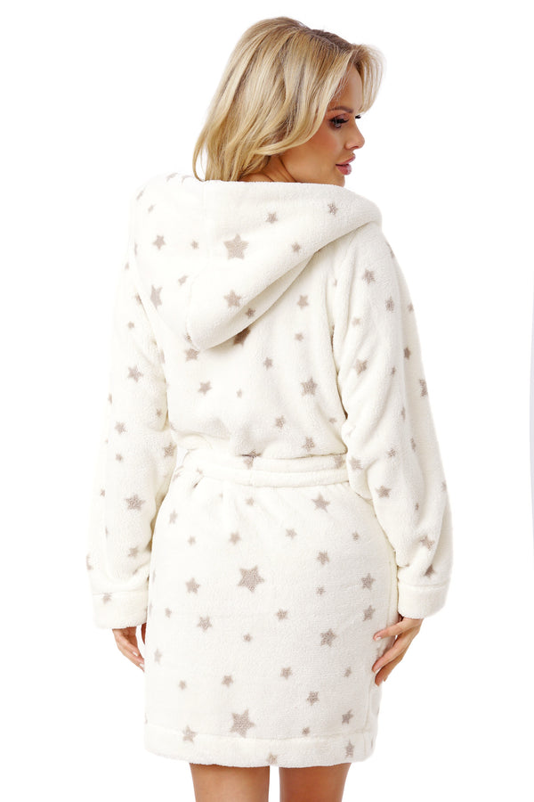 Halat damă pufos și gros, soft fleece, cu glugă și imprimeu steluțe - DONN 102