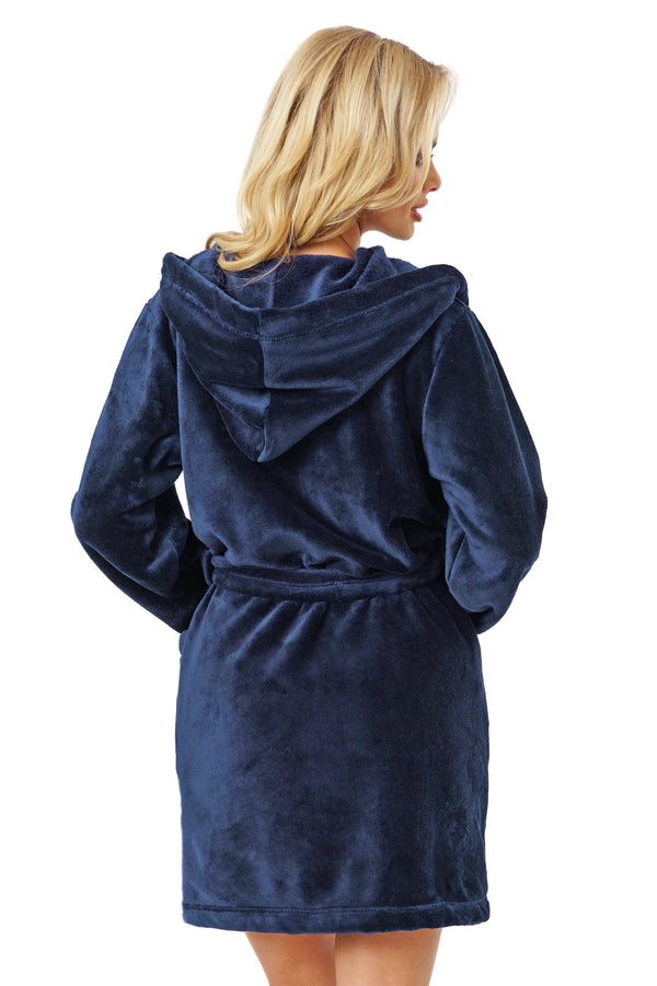 Halat damă pufos și gros, soft fleece, cu glugă bleumarin - DONNA 101