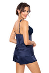 Pijama damă, satin, dantelă fină, bleumarin - MARI 1/2