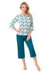 Pijama damă, viscoză premium, imprimeu floral, pantaloni 3/4 - IRMINA