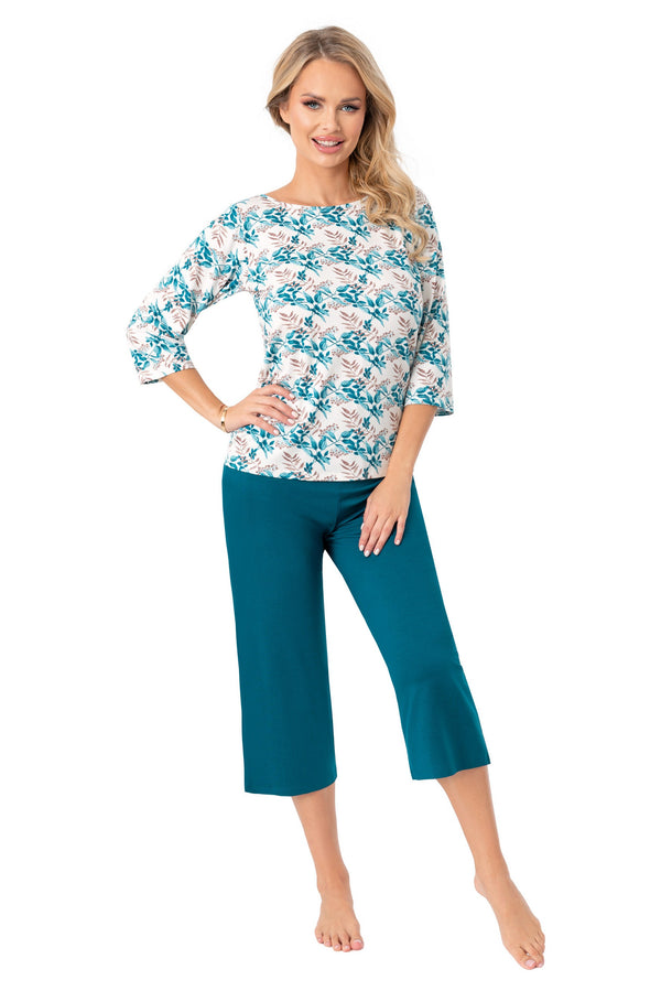 Pijama damă, viscoză premium, imprimeu floral, pantaloni 3/4 - IRMINA