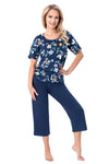 Pijama damă, bumbac natural, bluză florală, pantaloni 3/4 bleumarin - CAROLINE