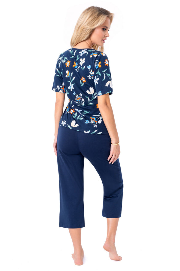 Pijama damă, bumbac natural, bluză florală, pantaloni 3/4 bleumarin - CAROLINE