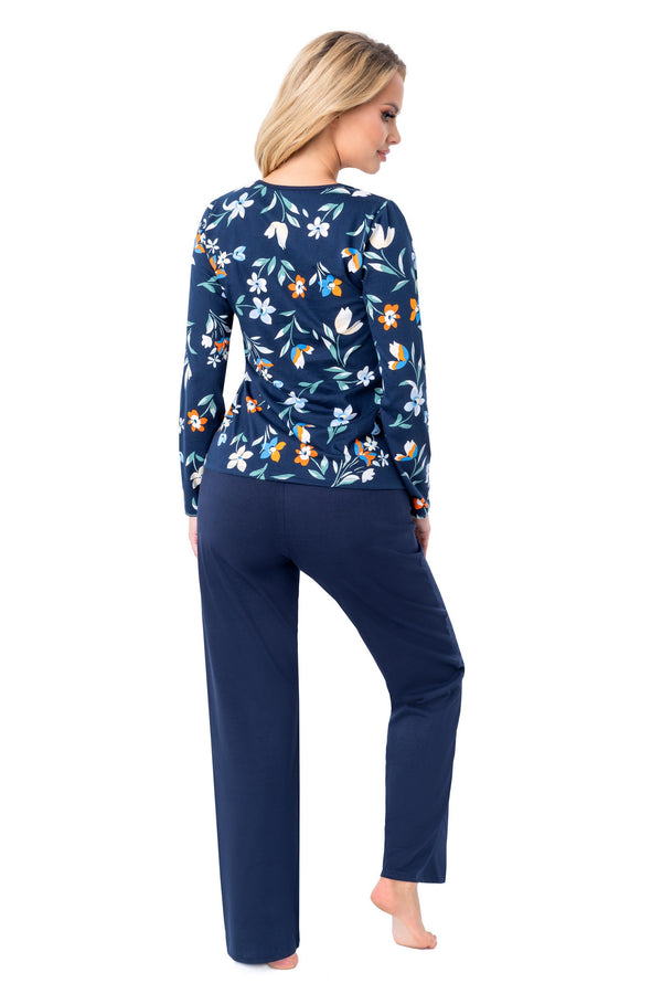 Pijama damă, bumbac natural, bluză florală, pantaloni lungi bleumarin - CAROLINE LONG