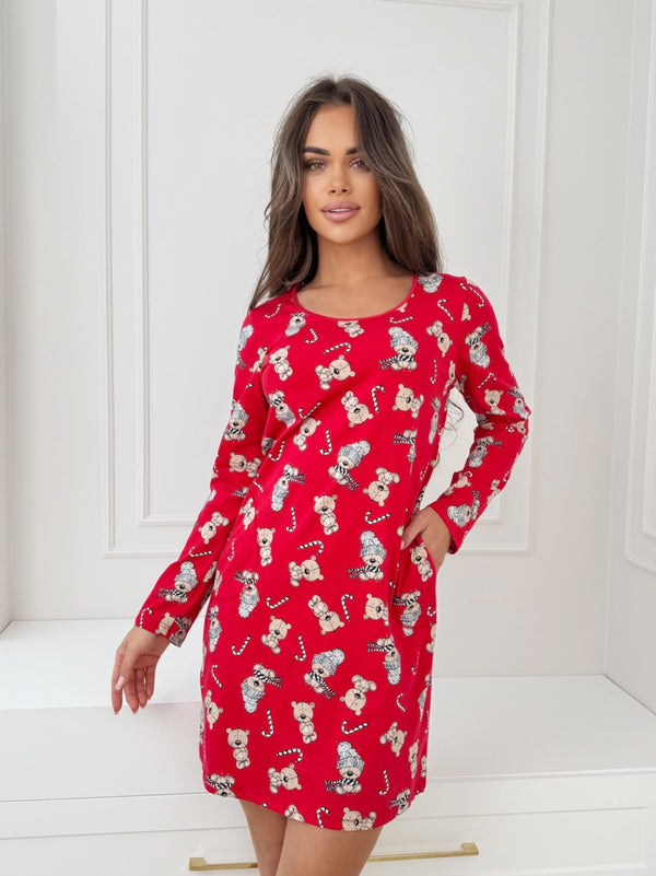 Cămașă de noapte damă, bumbac 100%, imprimeu de Crăciun - BEAR