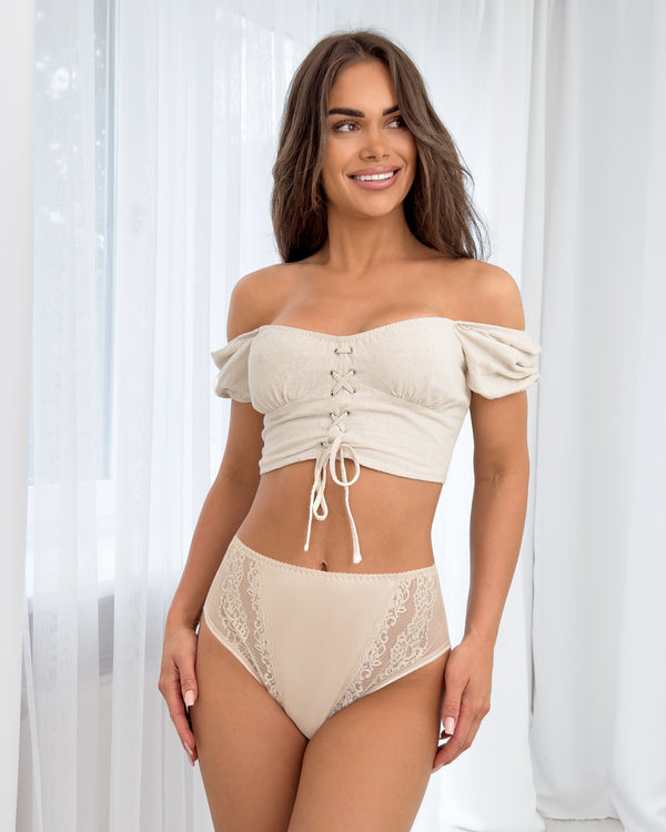Chilot damă, viscoză cu dantelă, talie înaltă, bej – ELENA 228