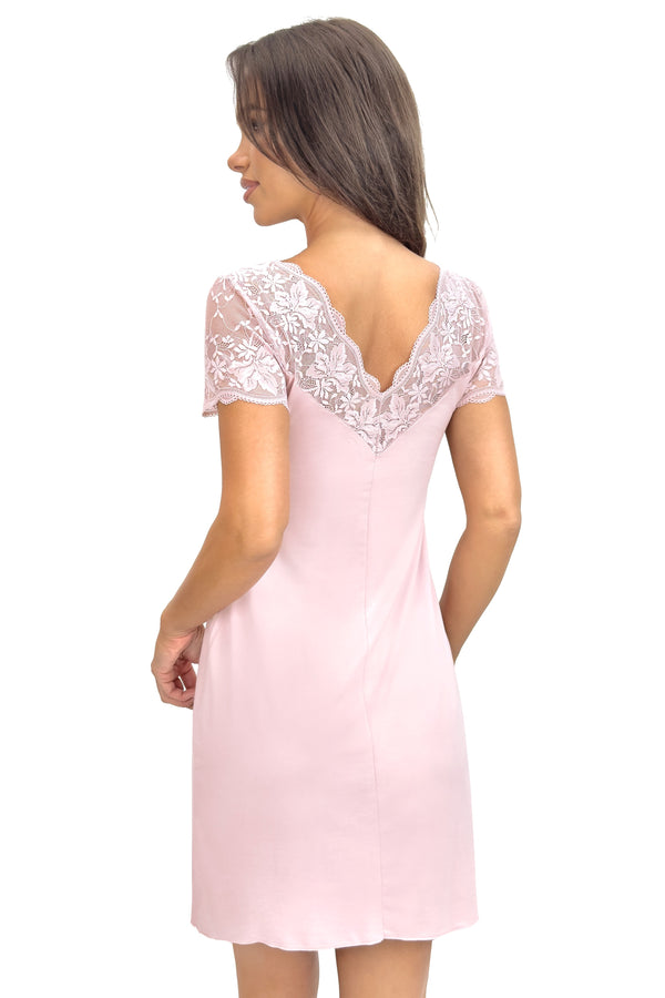 Cămașă de noapte damă din viscoză, cu dantelă, model SONIA, culoare roz pudrat