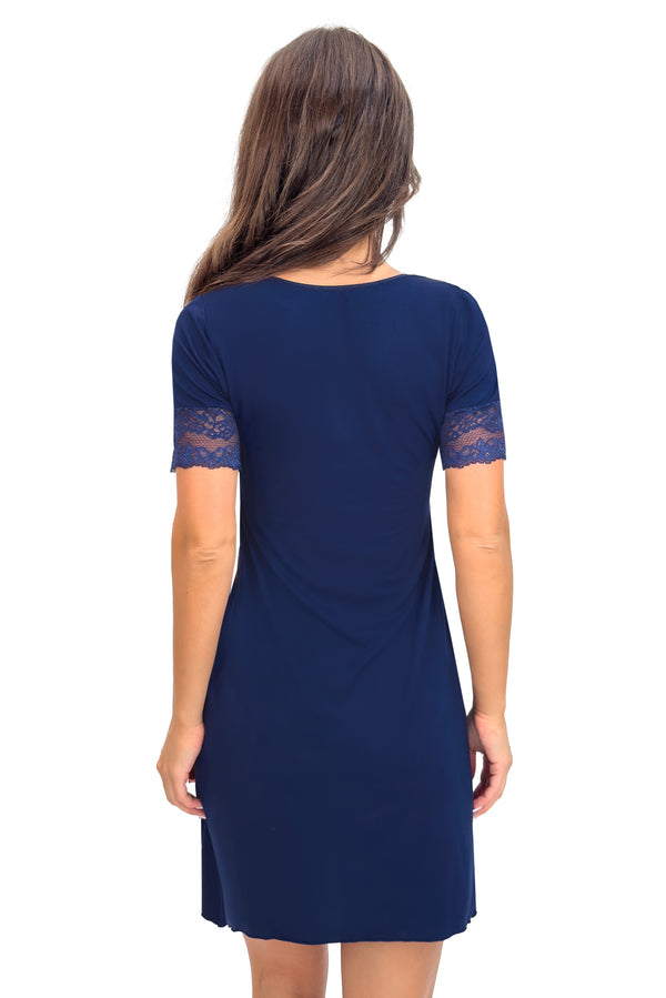 Cămașă de noapte damă din viscoză, cu dantelă, model LINDA, culoare bleumarin