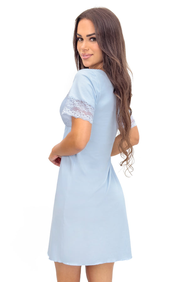 Cămașă de noapte damă din viscoză, cu dantelă, model LINDA, culoare bleu