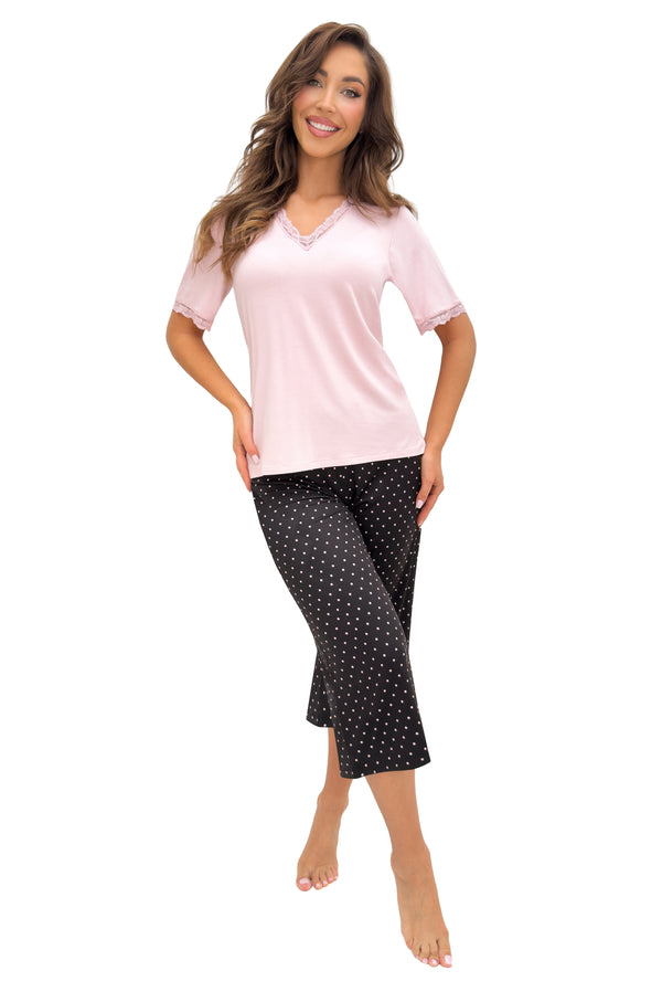 Pijama damă din viscoză, cu pantaloni 3/4, cu buline, model PATI