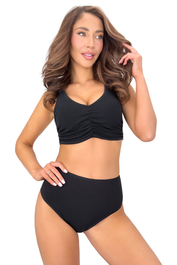 Chilot damă, talie înaltă, bumbac cu dantelă, negru - DONNA 273