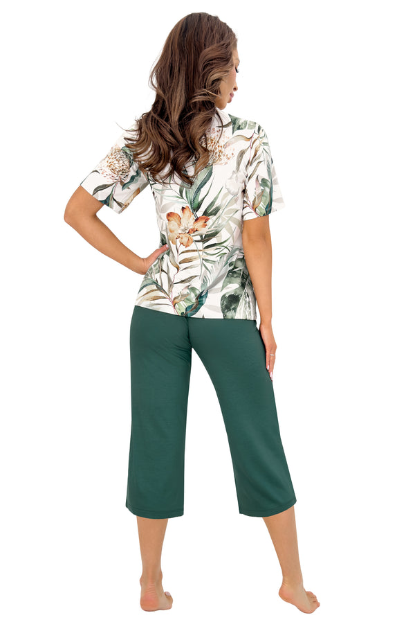 Pijama din viscoză „Olivia 3/4” cu bluză florală și pantaloni trei-sferturi