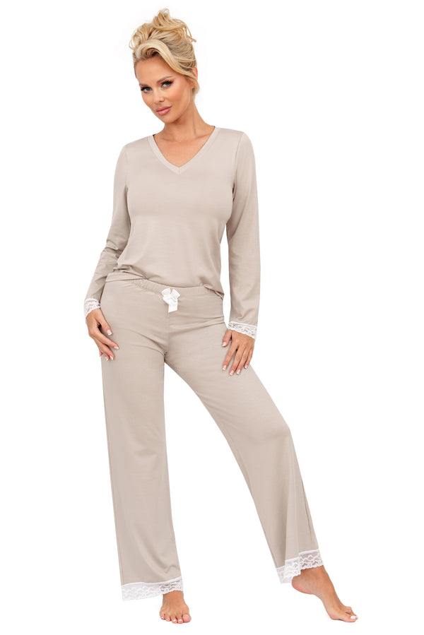 Pijama damă din viscoză cu pantaloni lungi și dantelă – SIMPLY long bej