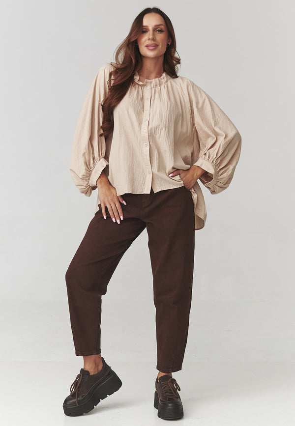 Cămașă damă oversize, bumbac lejer cu mâneci bufante bej – C24 Andrada