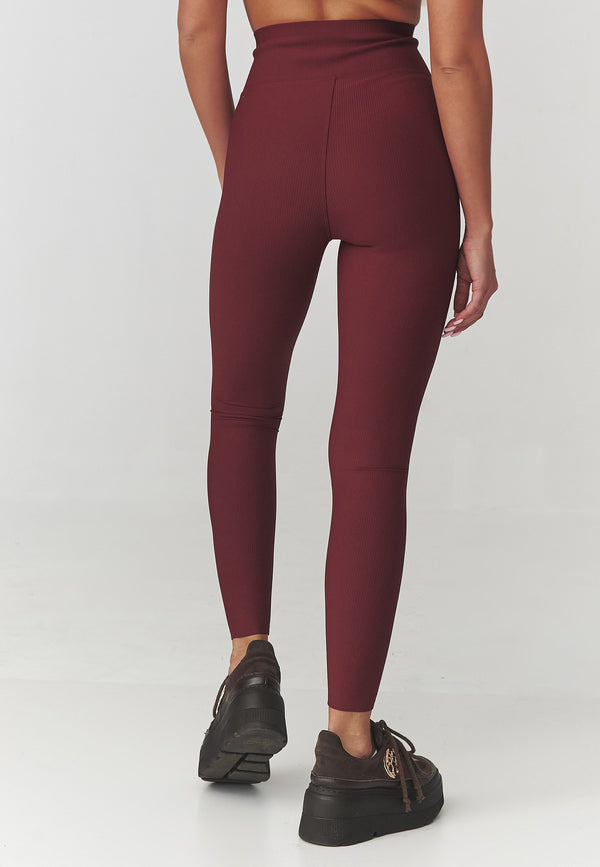 Colanți damă, tricot prăfuit cu nervuri și talie înaltă, bordo – C30