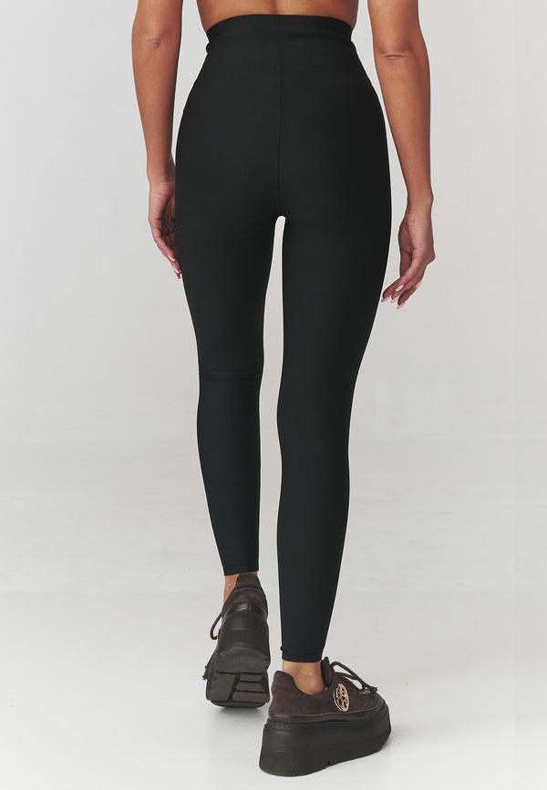 Colanți damă, tricot prăfuit cu nervuri și talie înaltă, negru - C30