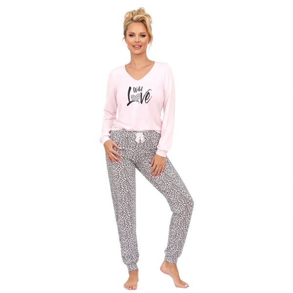 Pijama damă luxury, 2 piese, bumbac, essential long, roz- PANTERA