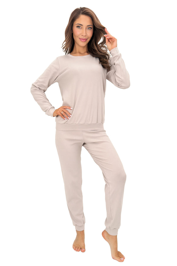 Pijama bumbac cu mânecă lungă „Home long” — bej — DONNA, fabricat în UE
