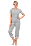 Pijamă damă Megi 3/4 gri melanj cu dantelă la mâneci și pantaloni trei sferturi