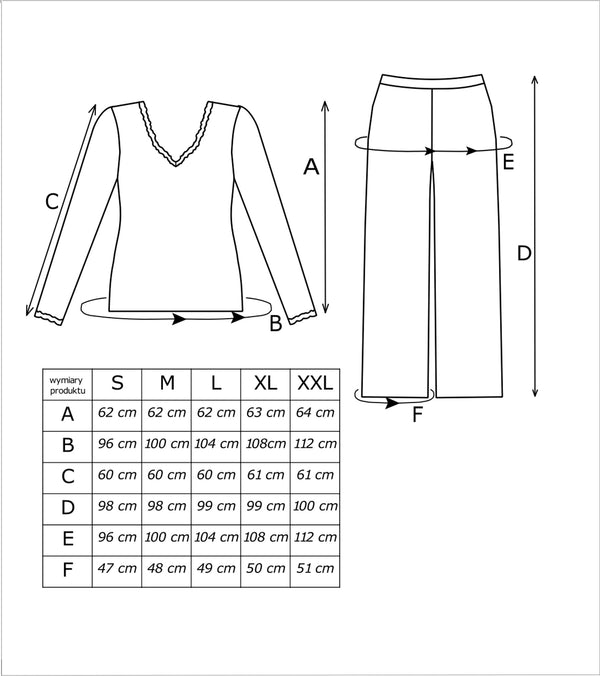 Tabel cu dimensiunile pijamalei IRENE long în centimetri, mărimi S–XXL