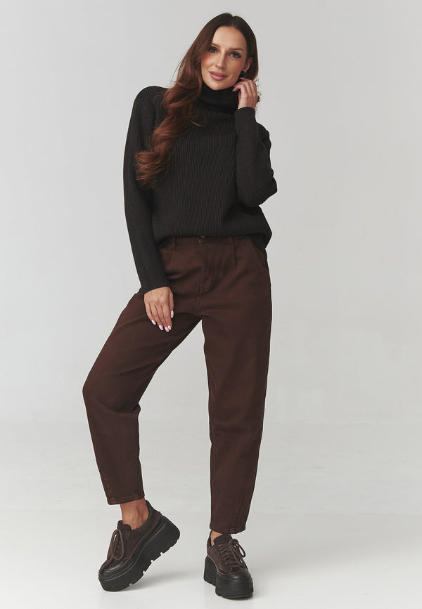 Pulover damă, tricot rib cu guler înalt, maro ciocolatiu – C20 Alina