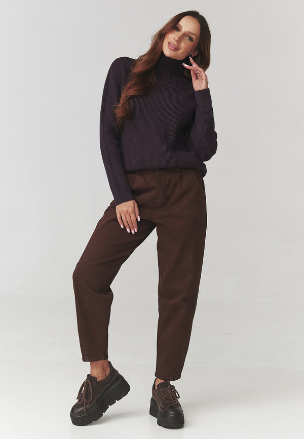 Pulover damă, tricot rib cu guler înalt culoare, violet închis – C20 Alina