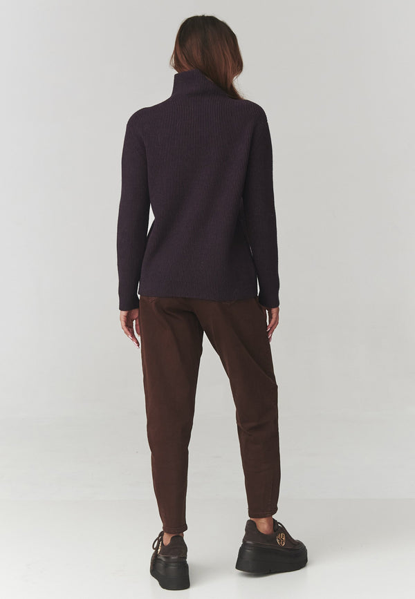 Pulover damă, tricot rib cu guler înalt culoare, violet închis – C20 Alina