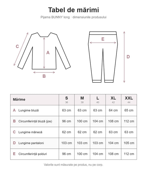 Tabel de mărimi pijama BUNNY long