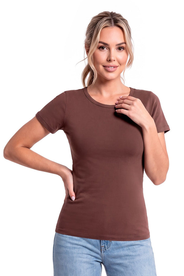 Tricou damă 107 din bumbac, maro, cu mânecă scurtă, văzut din față