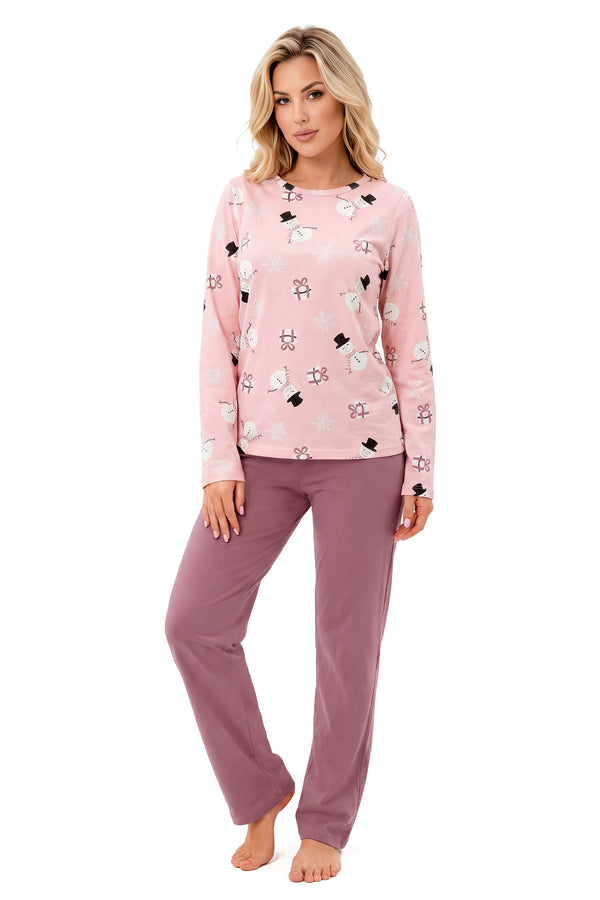 Pijama Snowman long din bumbac 100%: bluză roz pudrat cu oameni de zăpadă și pantaloni lungi uni de culoarea prunei