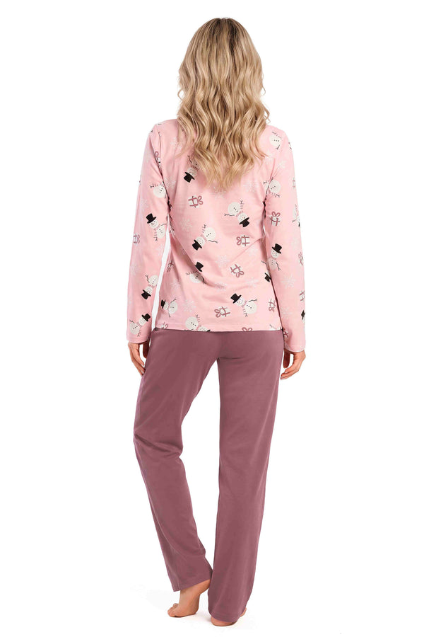 Pijama Snowman long cu pantaloni prună, vedere din spate: bluză imprimată cu mânecă lungă și pantaloni drepți