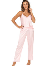 Pijama damă satinatã cu pantaloni lungi și dantelă – TIFFANI roz