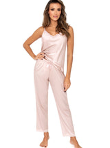 Pijama damă satinatã cu pantaloni lungi și dantelă – TIFFANI bej