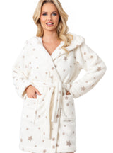 Halat damă, pufos, glugă și imprimeu de iarnă - DONNA 102