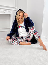 Halat damă pufos și gros, soft fleece, cu glugă bleumarin - DONNA 101