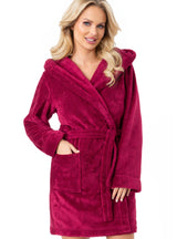 Halat damă gros, soft fleece, cu glugă bordo – 101