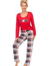 Pijama damă, bumbac 100%, imprimeu festiv, roșu - HOHO