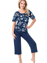 Pijama damă, bumbac natural, bluză florală, pantaloni 3/4 bleumarin - CAROLINE