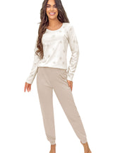 Pijama damă, bumbac 100%, imprimeu delicat bej - SANDI LONG