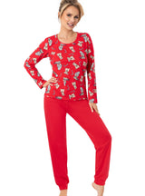 Pijama damă, bumbac 100%, bluză cu imprimeu - BEAR LONG RED