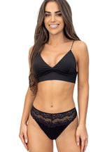 Chilot damă, brazilieni, viscoză cu dantelă florală, talie medie, negru - AMELIE 230