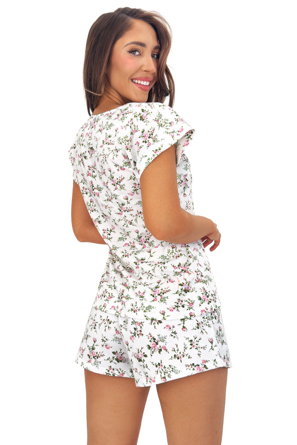 Pijamă bumbac damă Emilka short cu imprimeu floral, bluză și pantaloni scurți