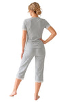 Pijamă damă Megi 3/4 gri melanj cu dantelă la mâneci și pantaloni trei sferturi