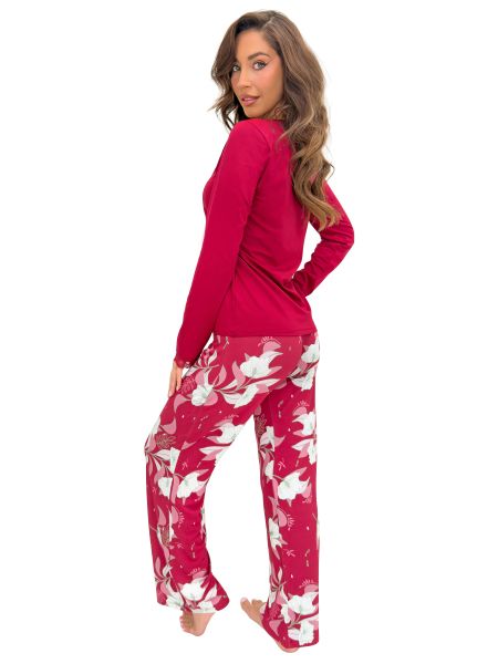 Pijama damă BRIGITTE Long din viscoză, bluză bordo și pantaloni floral
